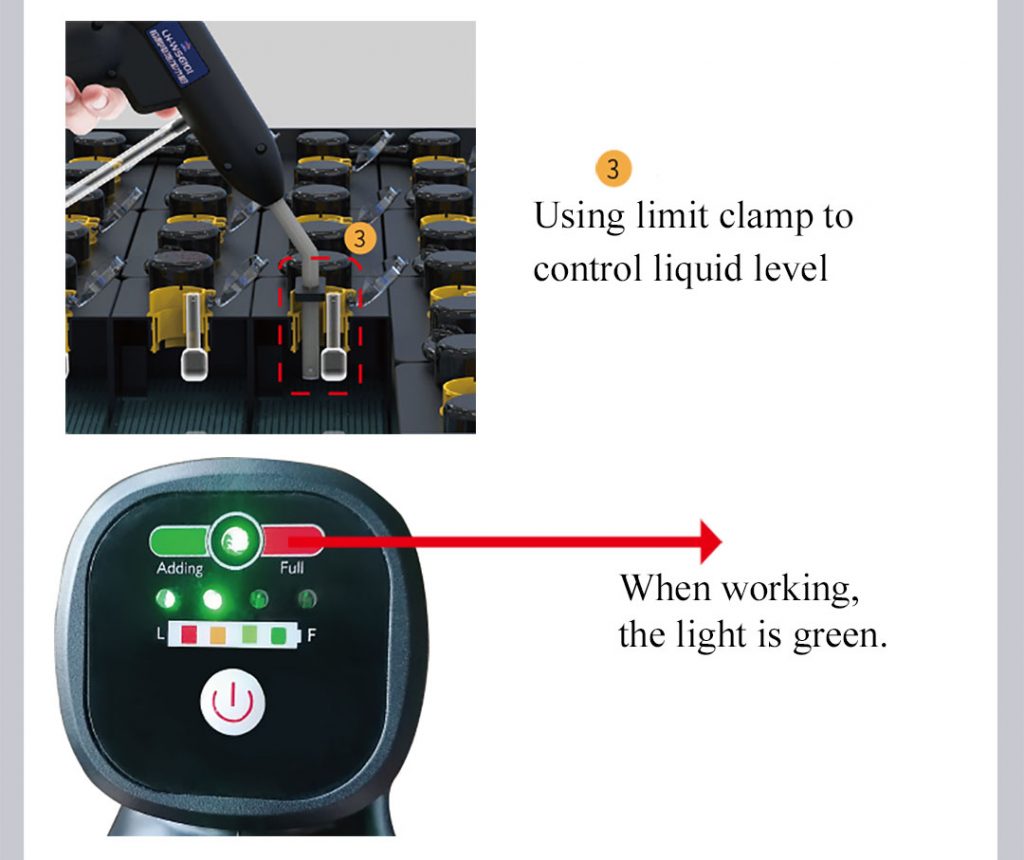 How to use electric forklift battery watering gun?